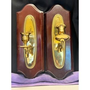 Vintage 1988 Wood Brass Wall Sconce Candle Holders Pair‎ Made In Korea